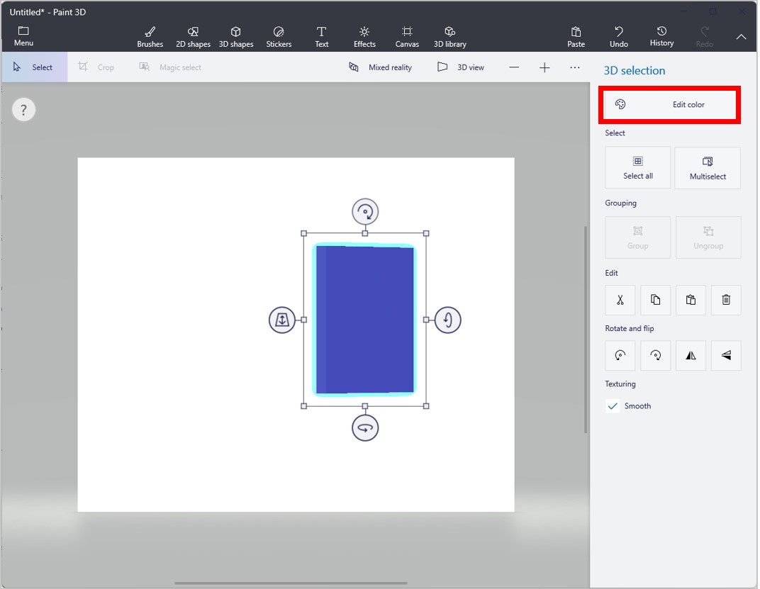 ペイント 3D で色の編集コマンドが強調表示されているスクリーンショット。