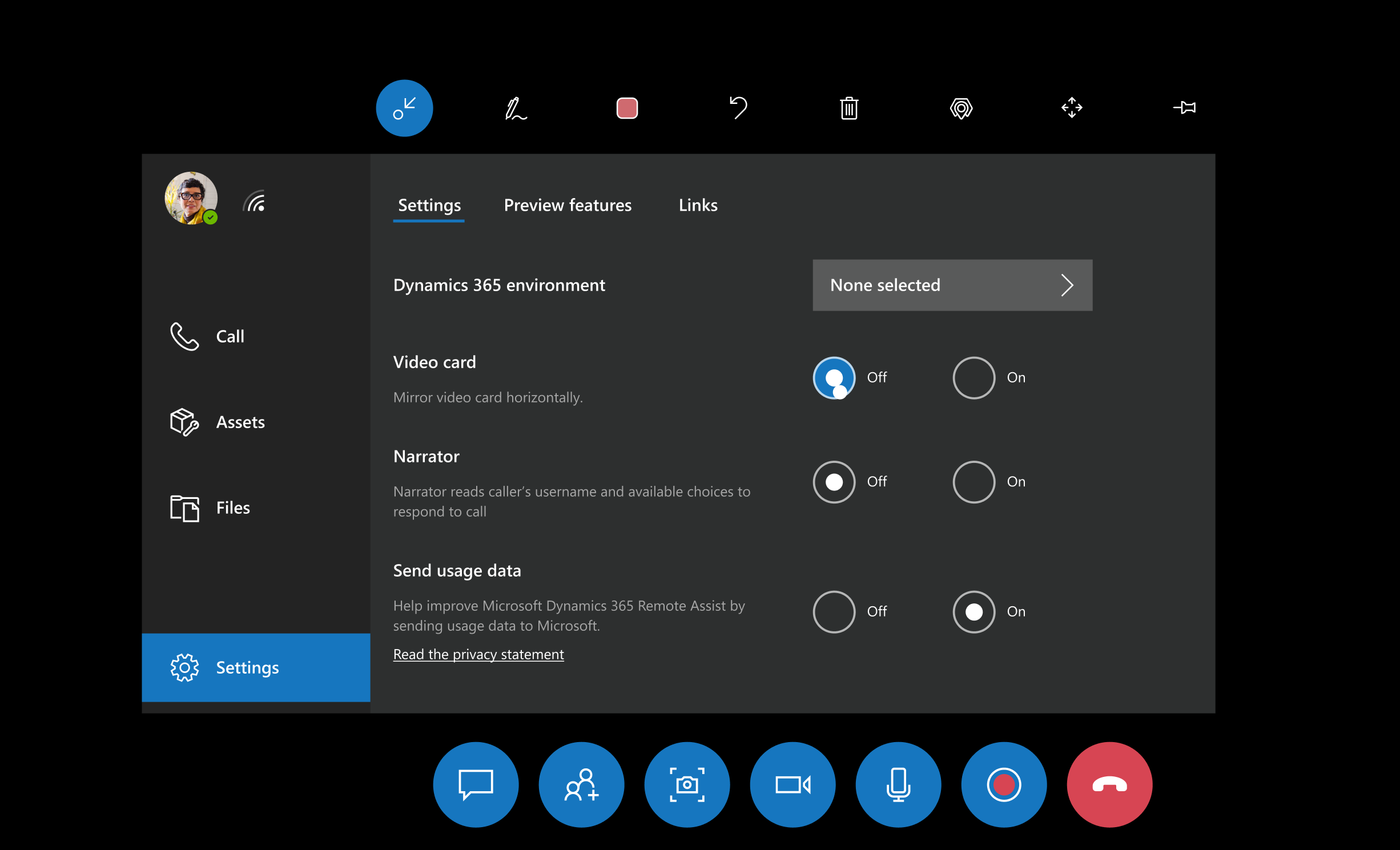 HoloLens のビューのフィールドのスクリーンショット。[設定] タブの画面が表示されています。