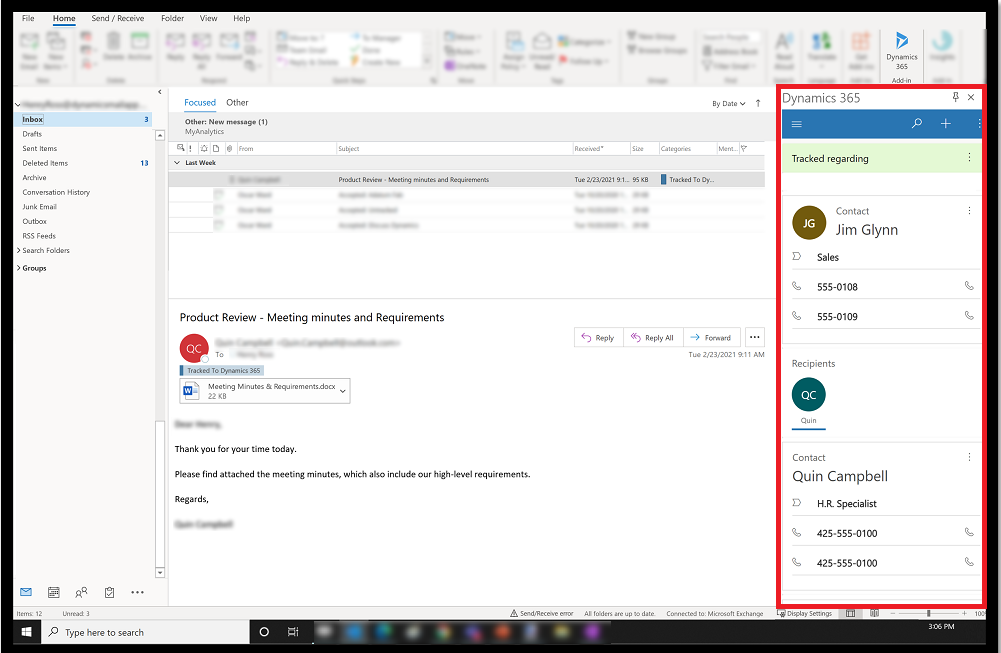 Outlook ペインの Dynamcis 365 アプリ。