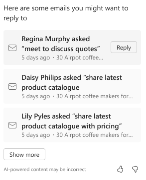 Copilot チャット ウィンドウにある未返信のメールのリストのスクリーンショット。