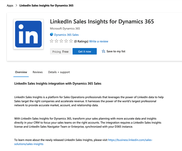 LinkedIn Sales Insights for Dynamics 365 AppSource ページ。