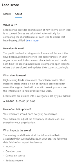 予測リードスコアの About タブのスクリーンショット。