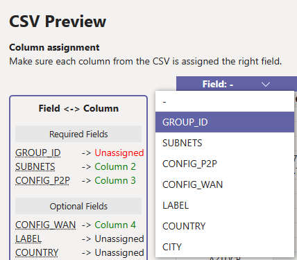 CSV プレビュー ウィンドウのスクリーンショット。