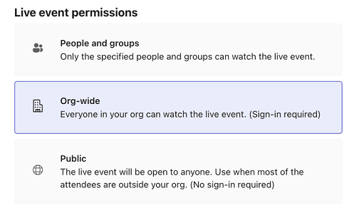 Teams ライブ イベントのアクセス許可オプションの画像。