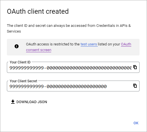 OAuth クライアント ID とクライアント シークレットを示すスクリーンショット。