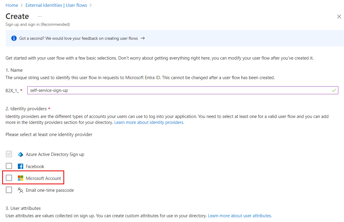 セルフサービス サインアップ ユーザー フローの Microsoft アカウントのスクリーンショット。