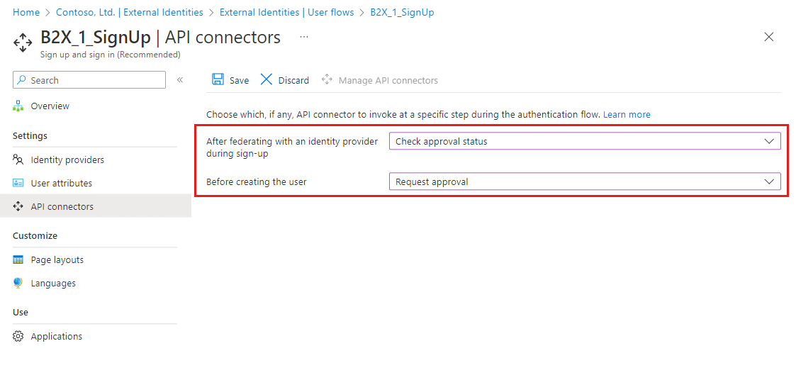 ユーザー フロー内の API コネクタのスクリーンショット。