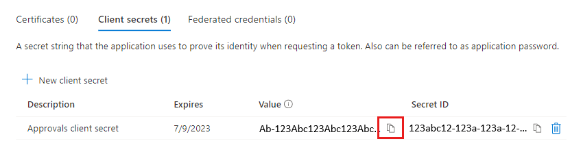 クライアント シークレットのコピーのスクリーンショット。