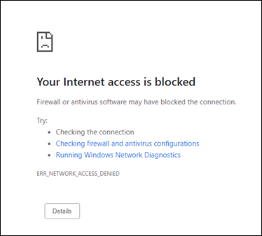 インターネット アクセスがブロックされていることを示すスクリーンショット。