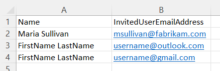 csv ファイルの Name と InvitedUserEmailAddress の列を示すスクリーンショット。