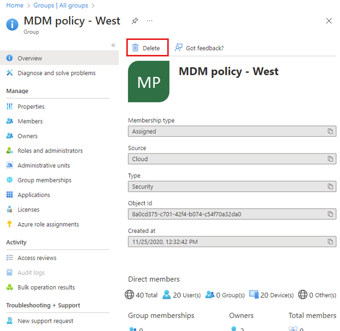 [MDM policy – West の概要] ページのスクリーンショット。[削除] リンクが強調表示されています。