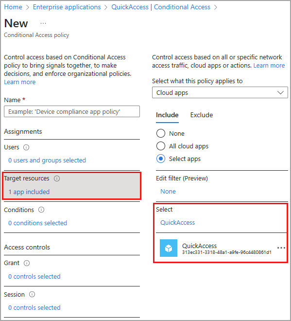 クイック アクセス アプリが選択されている条件付きアクセス ポリシーのスクリーンショット。