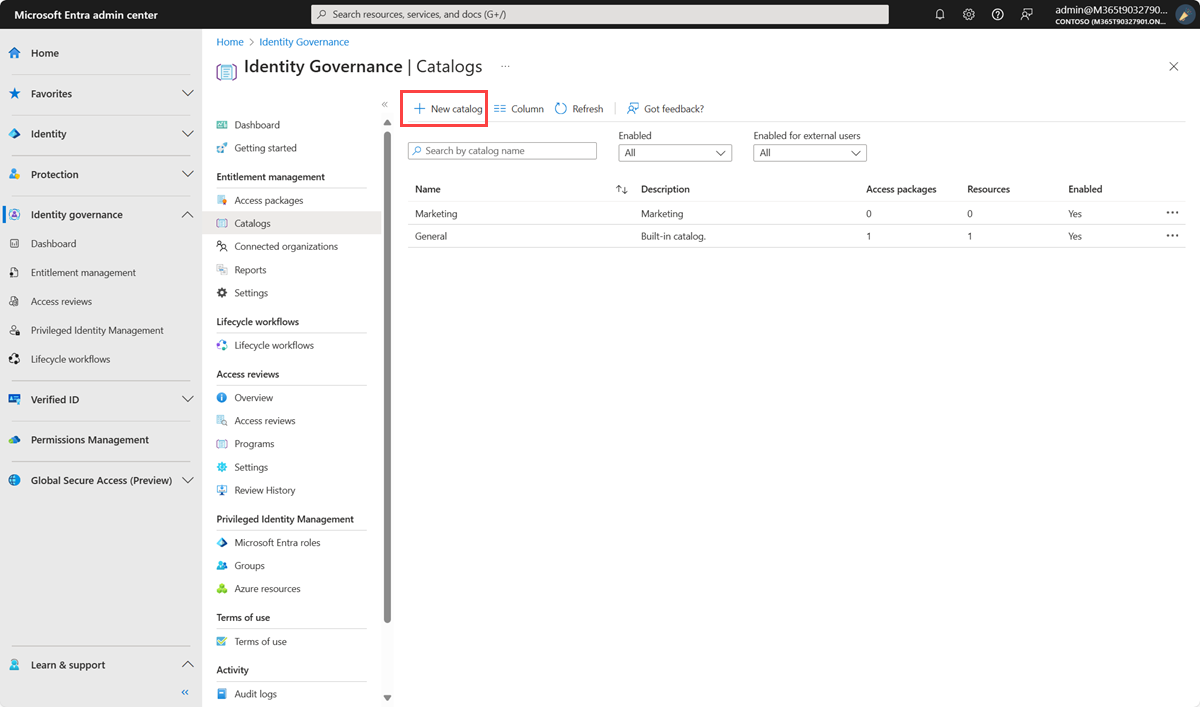 Microsoft Entra 管理センターのエンタイトルメント管理カタログを示すスクリーンショット。