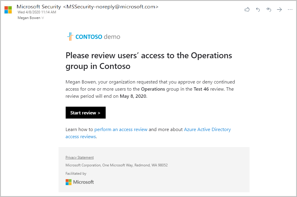 グループに対するアクセスをレビューするための Microsoft からのメールの例のスクリーンショット。