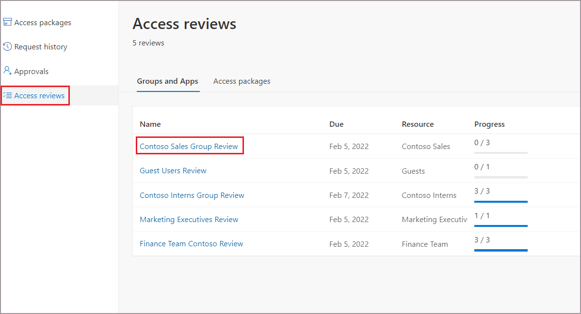 アプリとグループについての保留中のアクセス レビューの一覧のスクリーンショット。