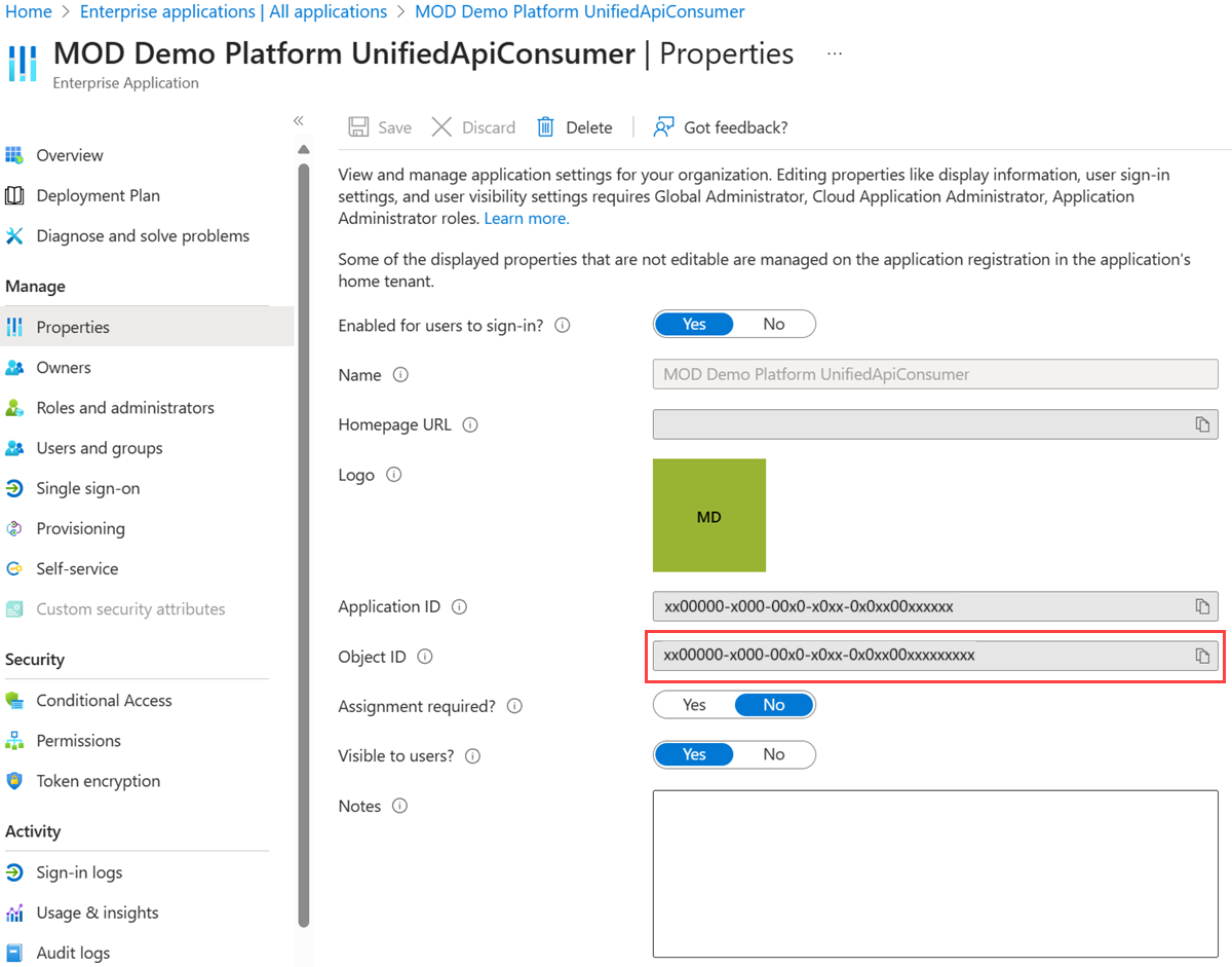 Workday アプリのサービス プリンシパル ID のスクリーンショット。