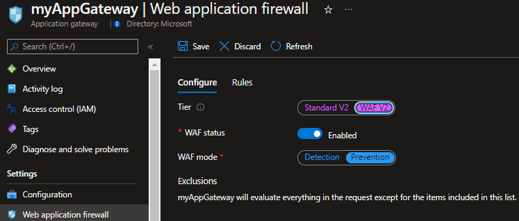 Application Gateway で WAF を有効にしたスクリーンショット。