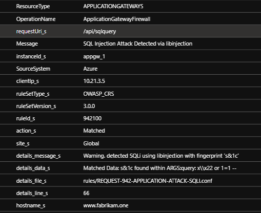 WAF ログのスクリーンショット。