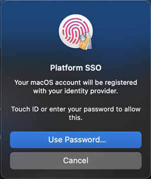 プラットフォーム のシングル サインオンを使用して macOS アカウントを ID プロバイダーに登録するようユーザーに求めるポップアップ ウィンドウの例を示すスクリーンショット。
