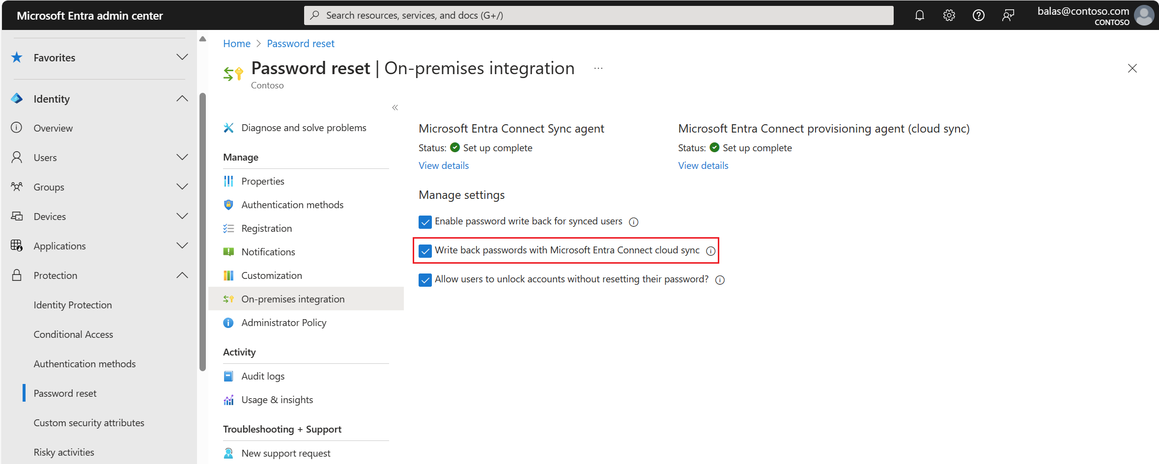 Microsoft Entra ID からオンプレミス統合へのパスワード ライトバックが有効になっているスクリーンショット。