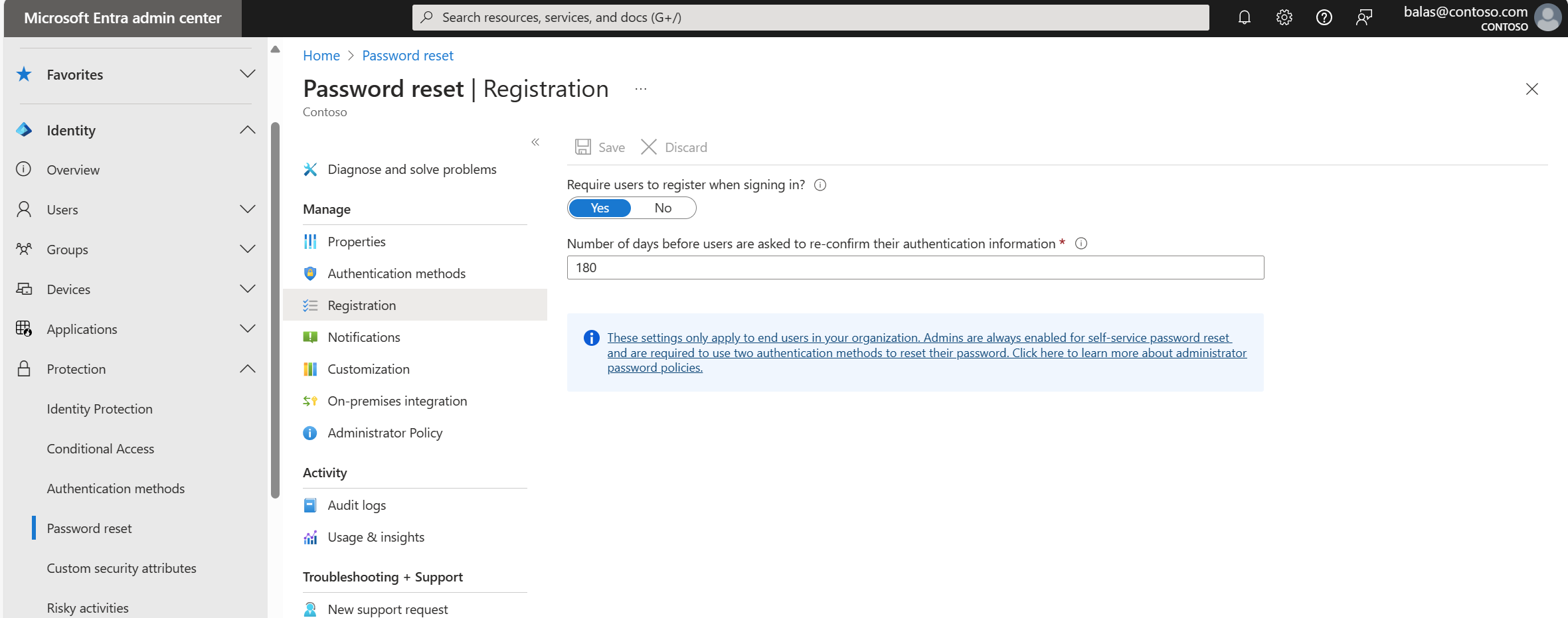 Microsoft Entra ID のパスワード リセット登録のスクリーンショット。