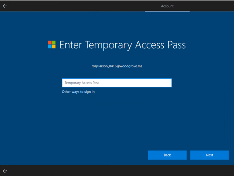 Windows の設定時に一時アクセス パスを入力する方法のスクリーンショット。
