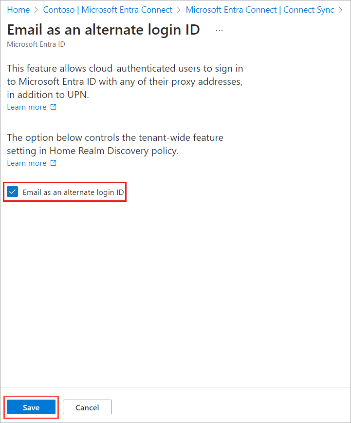 Microsoft Entra 管理センターの代替ログイン ID ブレードとしてのメール アドレスのスクリーンショット。