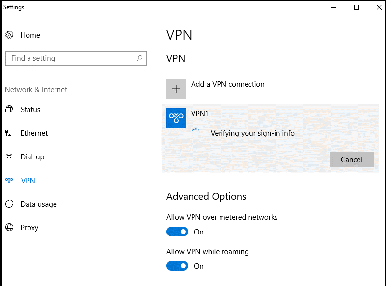 Windows 設定の [VPN] ウィンドウ