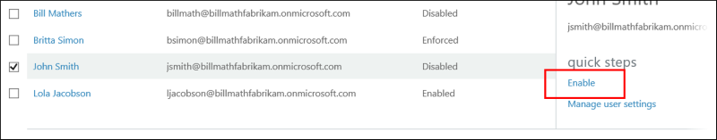 [クイック操作] メニューの [有効にする] をクリックして、選択したユーザーを有効にする