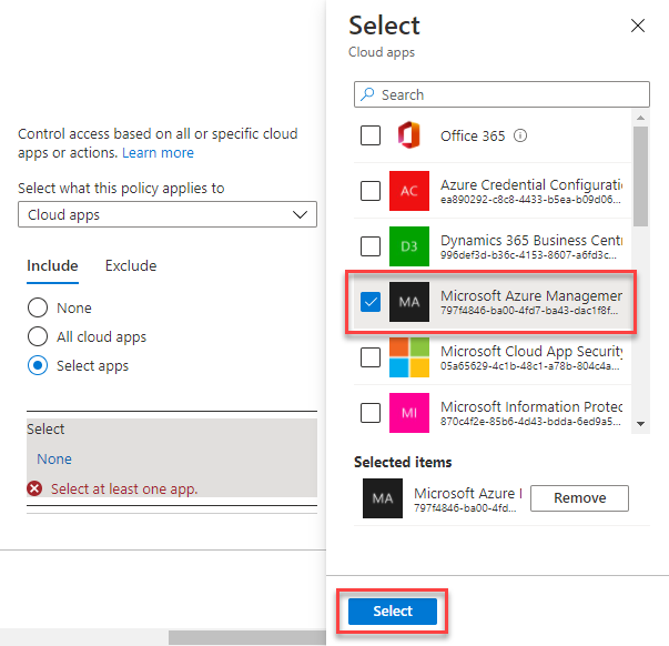 新しいポリシーが適用されるアプリである Windows Azure サービス管理 API を選択する [条件付きアクセス] ページのスクリーンショット。