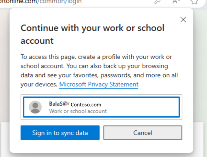 ユーザーにサインインを求める Microsoft Edge ポップアップのスクリーンショット。