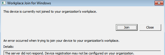 [Workplace Join for Windows] ダイアログ ボックスのスクリーンショット。サーバーが応答しなかったことが原因でエラーが発生したことがテキストで報告されています。