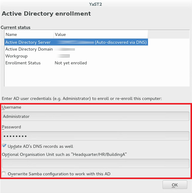 YaST の Active Directory 登録ウィンドウのスクリーンショット例