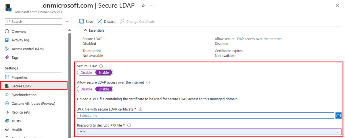 Microsoft Entra 管理センターでマネージド ドメインに対して Secure LDAP を有効にする