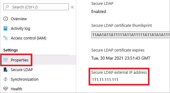 マネージド ドメインに使用される Secure LDAP の外部 IP アドレスを Microsoft Entra 管理センターで確認する