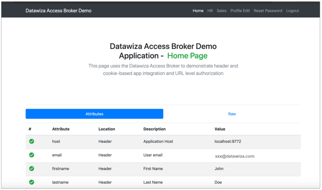 ホスト、メール、名、姓の各属性を含むホーム ページのスクリーンショット。