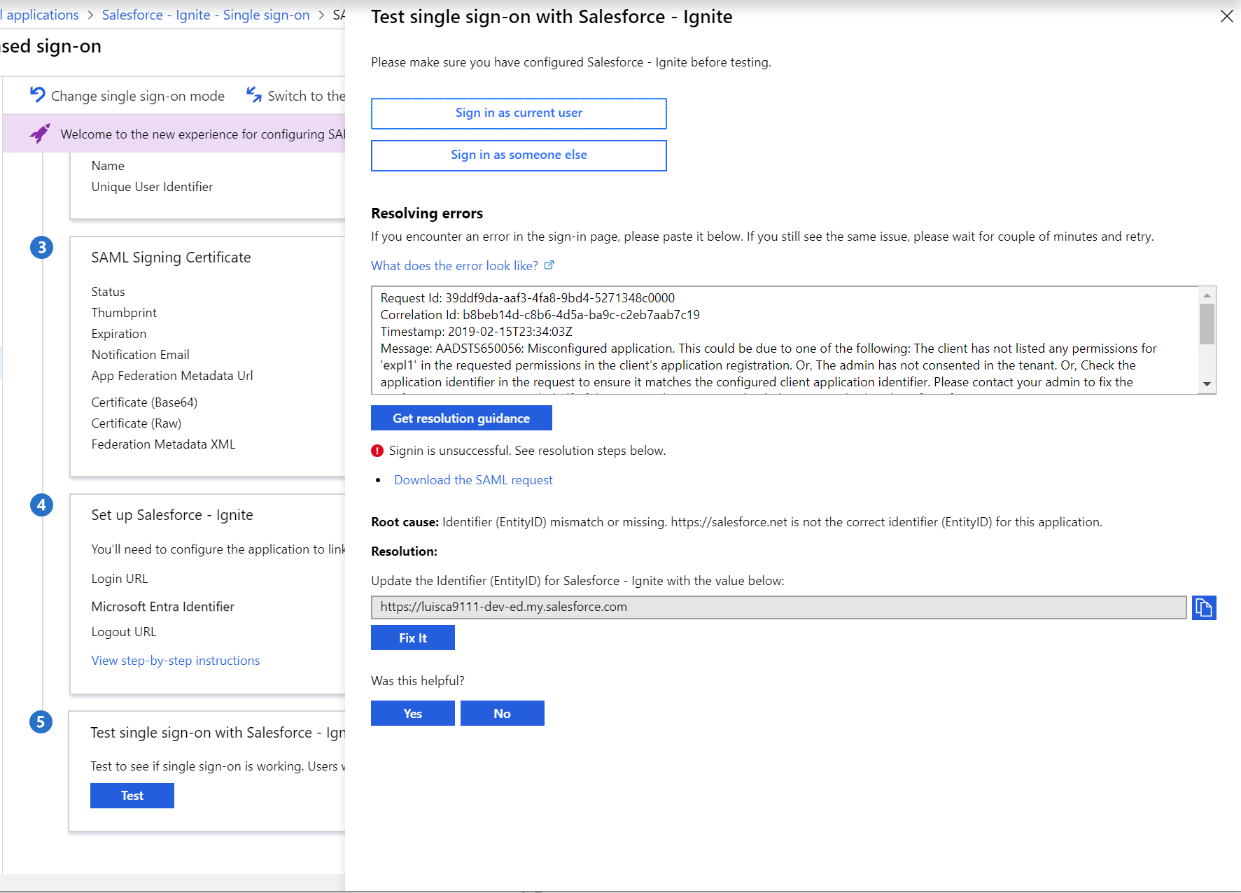 SAML SSO ページのテストを示すスクリーンショット