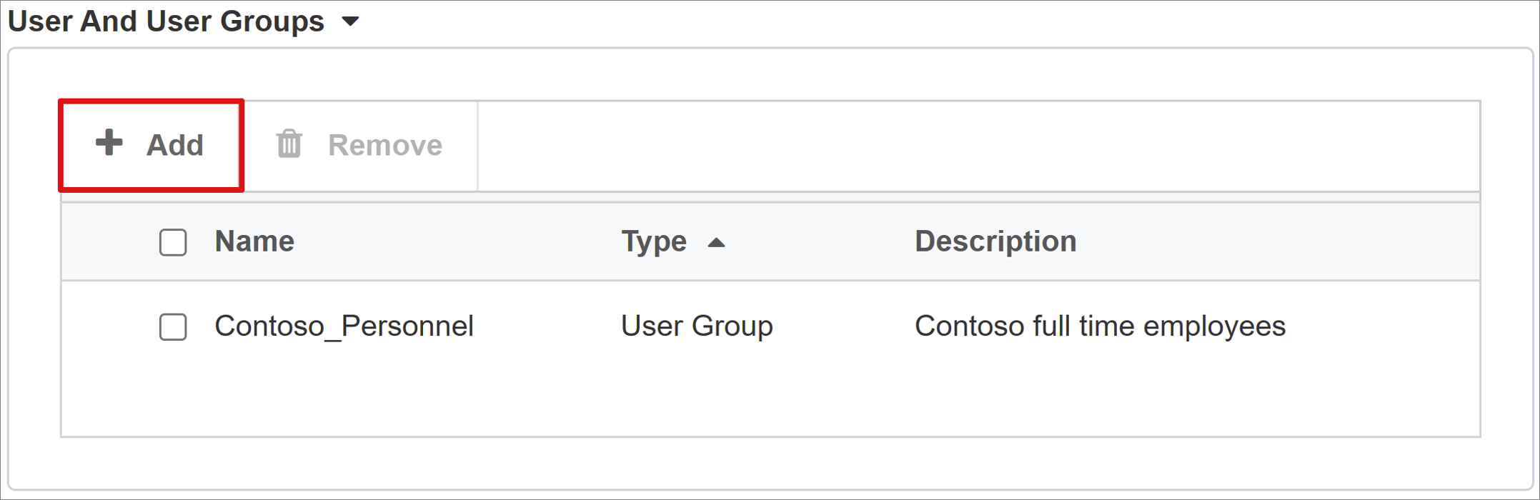 [User And User Groups] (ユーザーとユーザー グループ) の [Add] (追加) オプションのスクリーンショット。