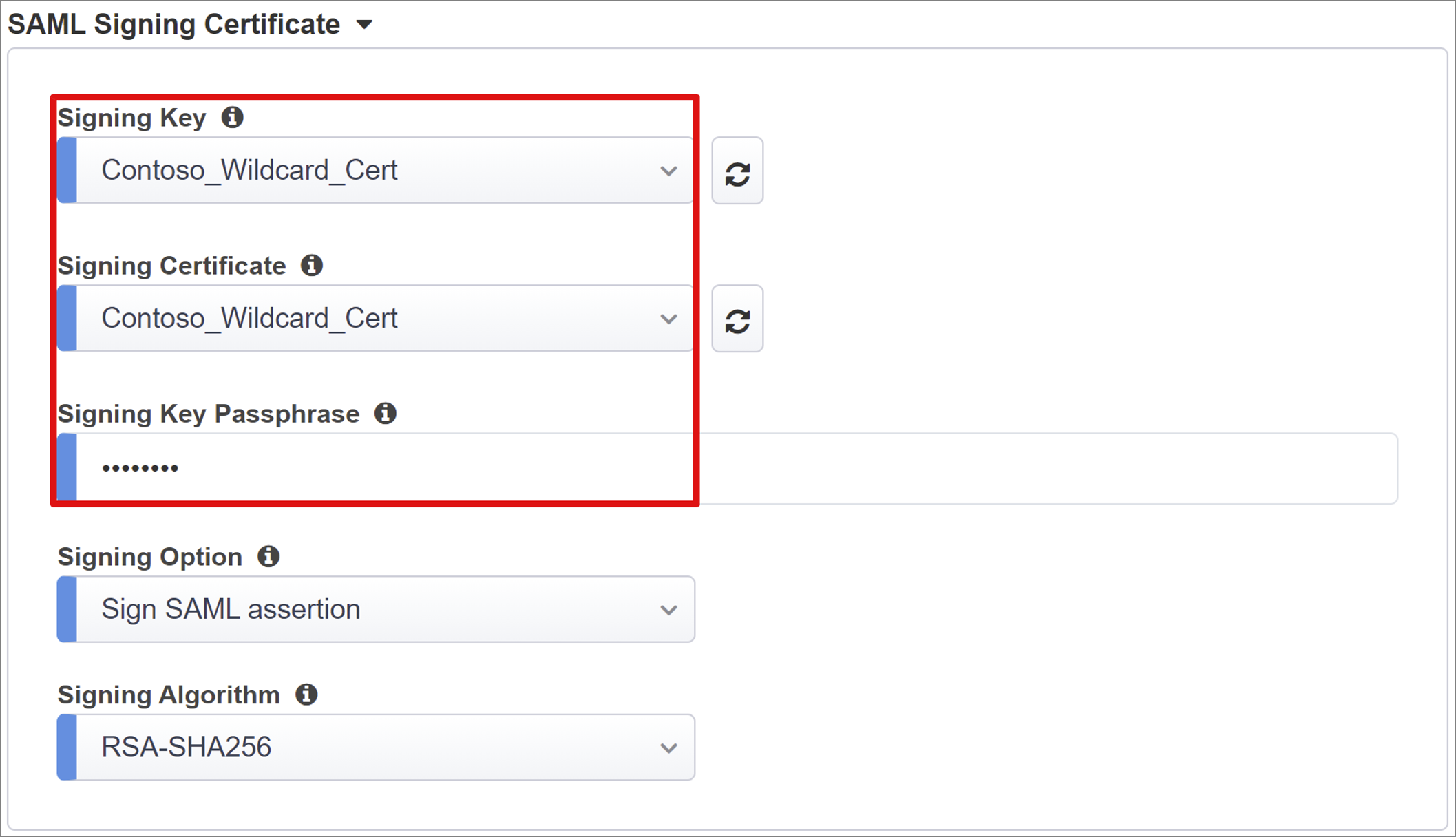 [Azure Configuration]\(Azure の構成\) のスクリーンショット - 署名証明書情報を追加する