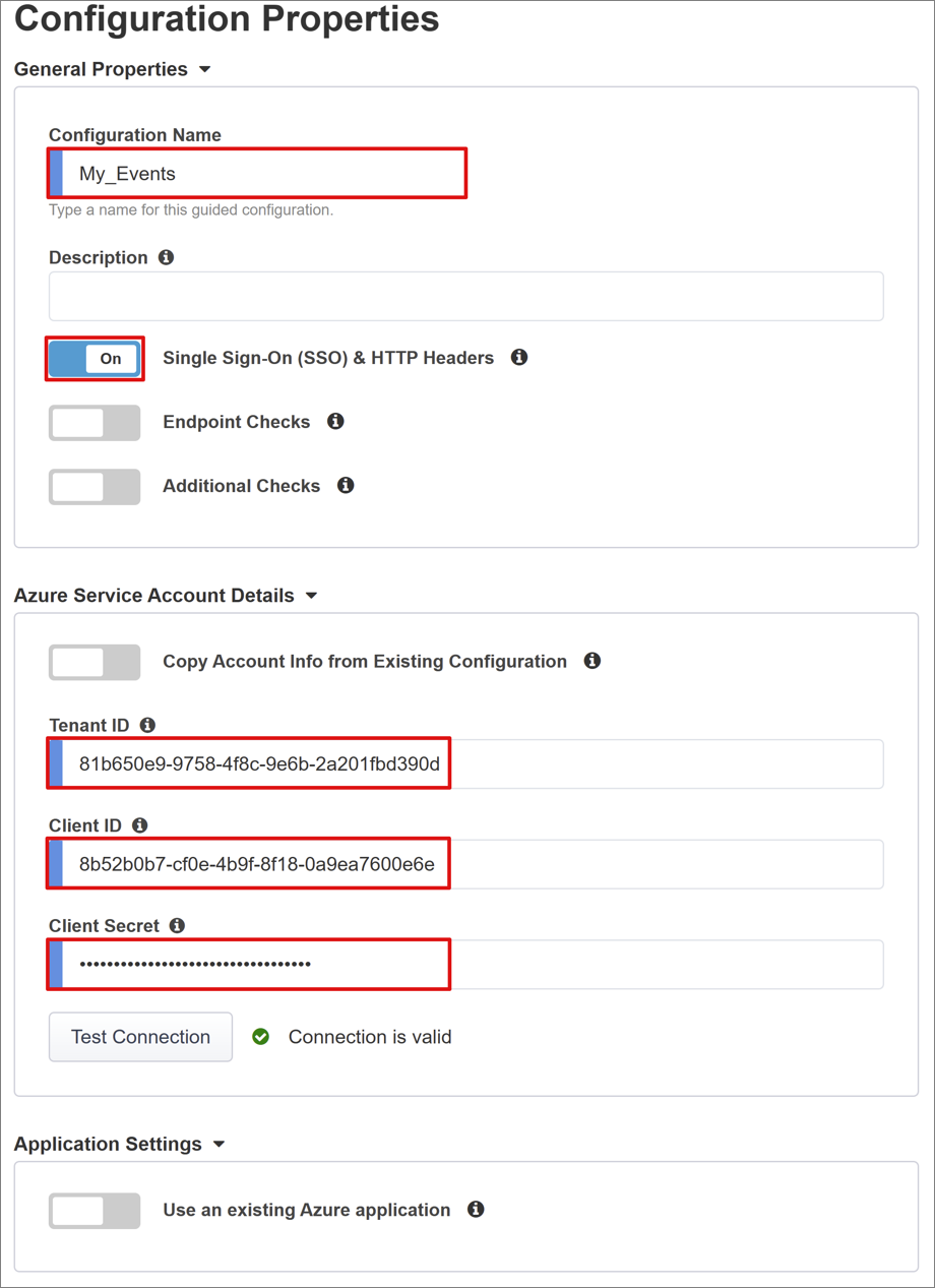 [構成プロパティ] の [全般プロパティ] と [Azure サービス アカウントの詳細] のエントリのスクリーンショット。