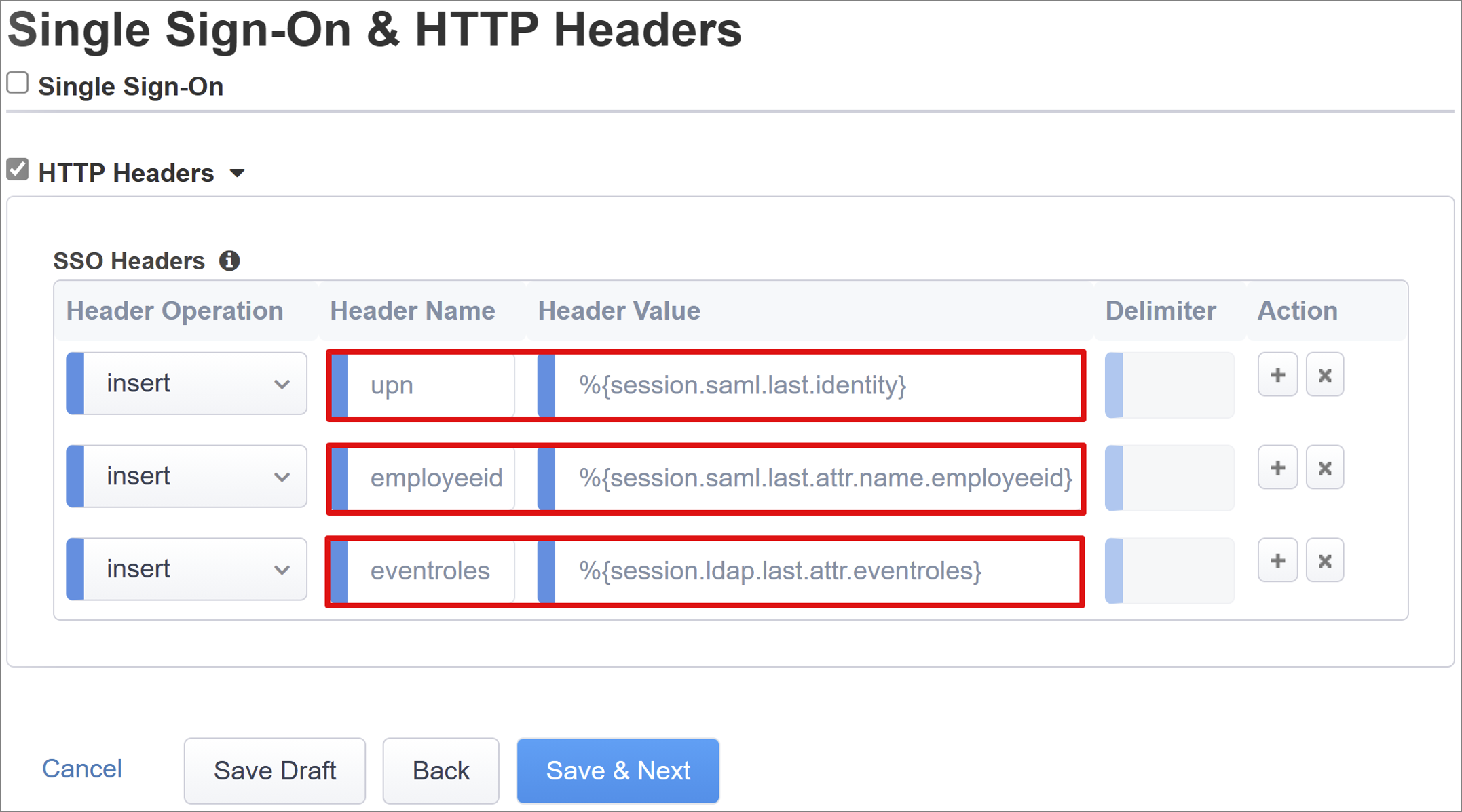 [SSO Headers on SSO and HTTP Headers] (SSO と HTTP ヘッダー) の [SSO Headers] (SSO ヘッダー) のエントリのスクリーンショット。