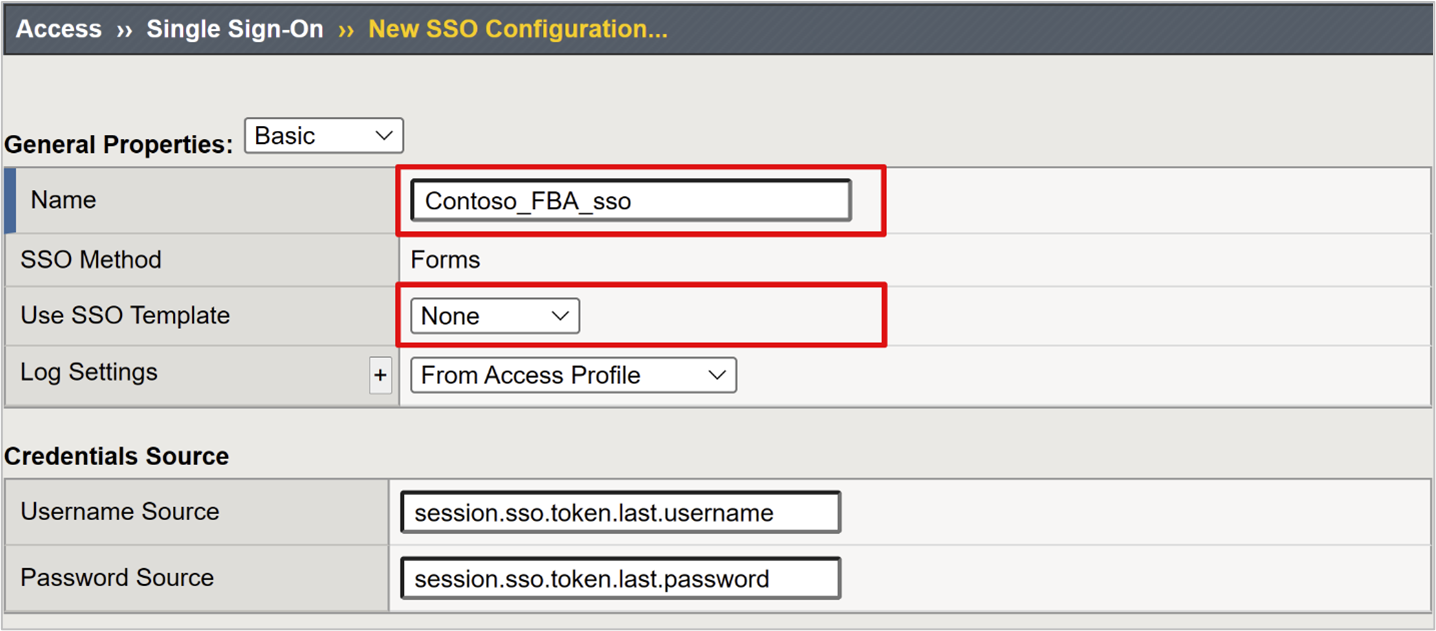 [新しい SSO 構成] の [名前] と [SSO テンプレートの使用] オプションを示すスクリーンショット。