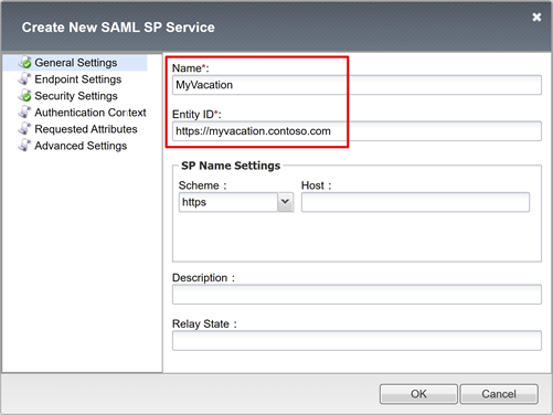 [新しい SAML SP サービスの作成] の [名前] と [エンティティ ID] フィールドを示すスクリーンショット。