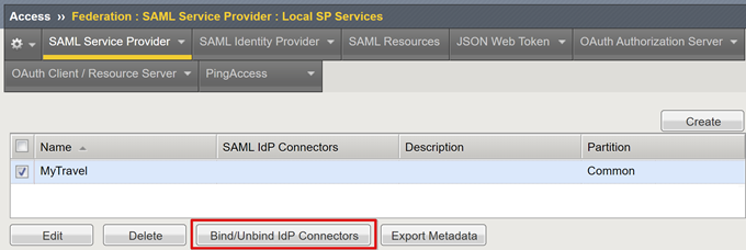 [SAML サービス プロバイダー] タブの [IdP コネクタのバインドまたはバインド解除] オプションを示すスクリーンショット。