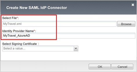 [新しい SAML IdP コネクタの作成] の [ファイルの選択] と [ID プロバイダー名] 入力を示すスクリーンショット。