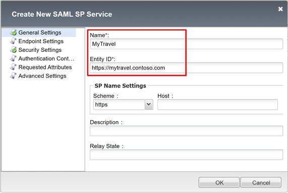 [新しい SAML SP サービスの作成] ダイアログの [名前] と [エンティティ ID] 入力のスクリーンショット。