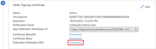 [SAML 署名証明書] ダイアログのフェデレーション メタデータ XML のダウンロード リンクのスクリーンショット。