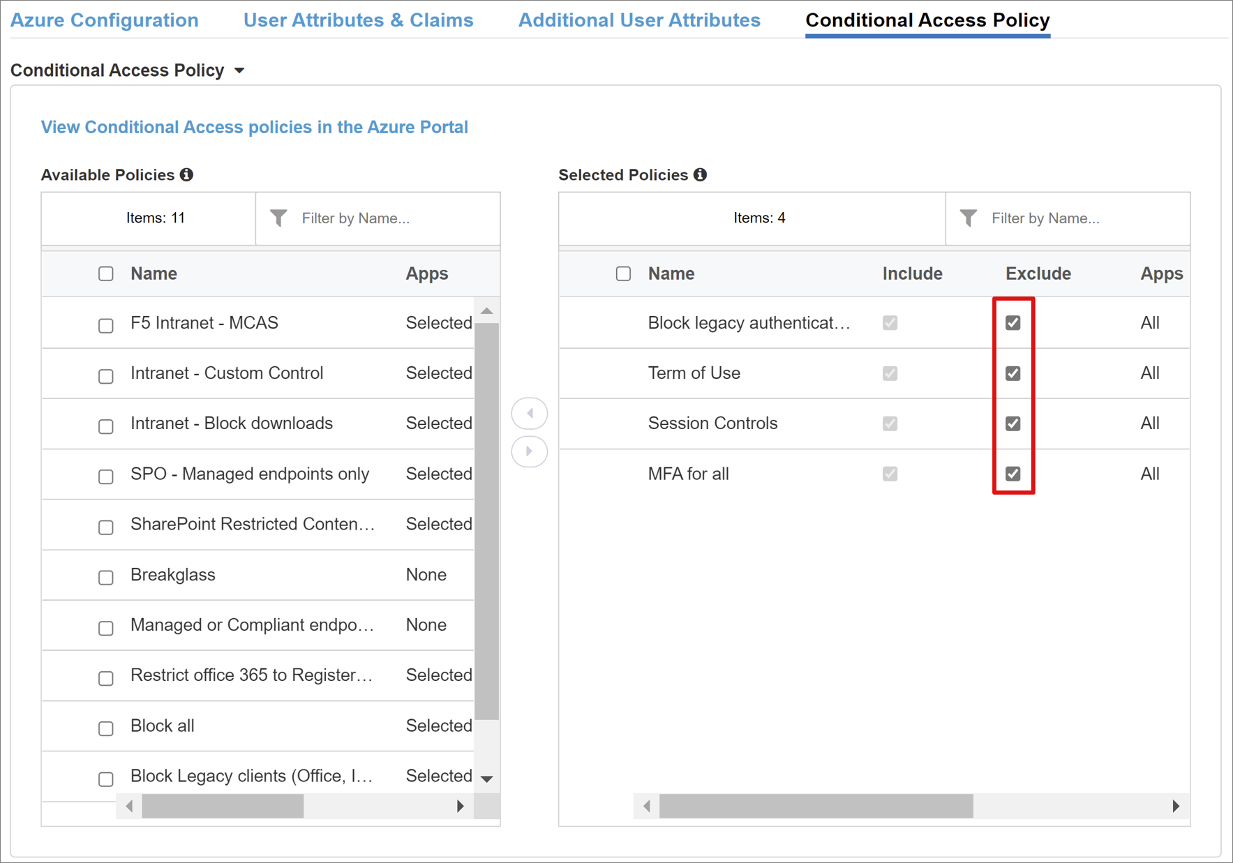 [Selected Policies] (選択されたポリシー) でポリシーに対して [Exclude] (除外する) オプションが選択されているスクリーンショット。