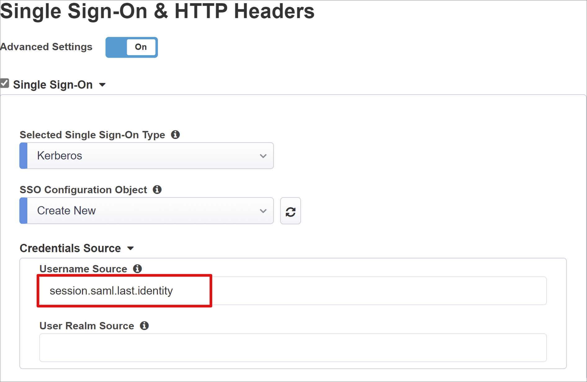 [Sign On and HTTP Headers] (シングル サインオンと HTTP ヘッダー) の [Username Source] (ユーザー名ソース) エントリのスクリーンショット。