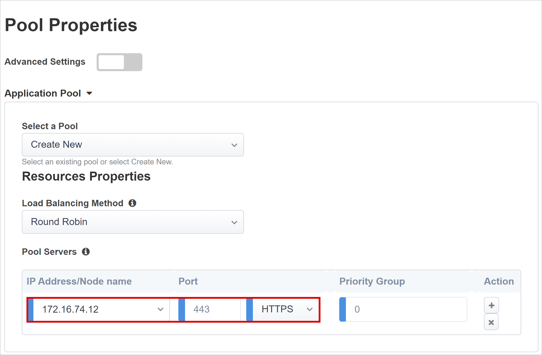 [Pool Properties] (プールのプロパティ) での IP アドレスまたはノード名、およびポートの入力のスクリーンショット。